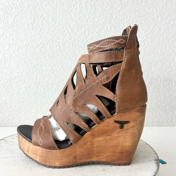 NEW Lane Boots BECCA Womens Brown Wedges 5 Western Cowgirl Wooden Heeled Sandals - Picture 4 of 11
